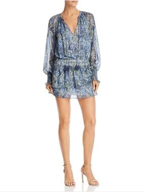Ramy Brook Brinley Printed Tassel Tie Mini Dress Blue Sage Size L